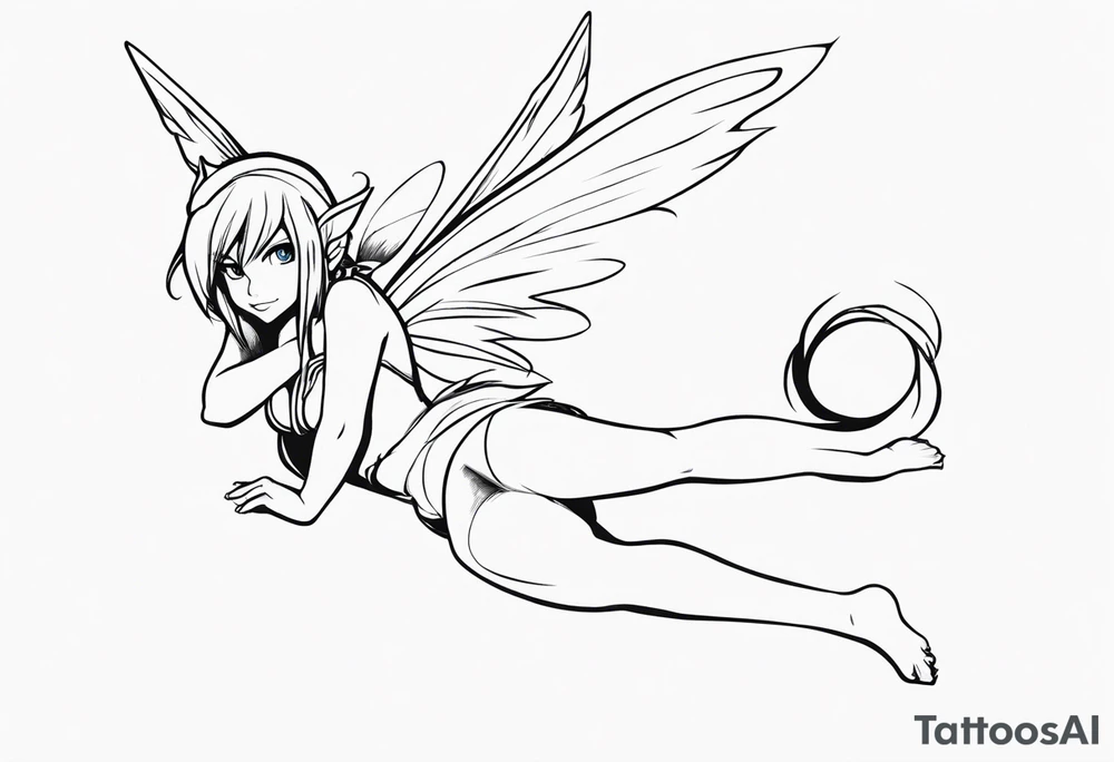 No color sketch of a fairy with a tail inspired by the guild symbol in the anime show called Fairy Tail in a fetal position leaning forward while crawled in and her body is an angle while floating in the air with big wings tattoo idea