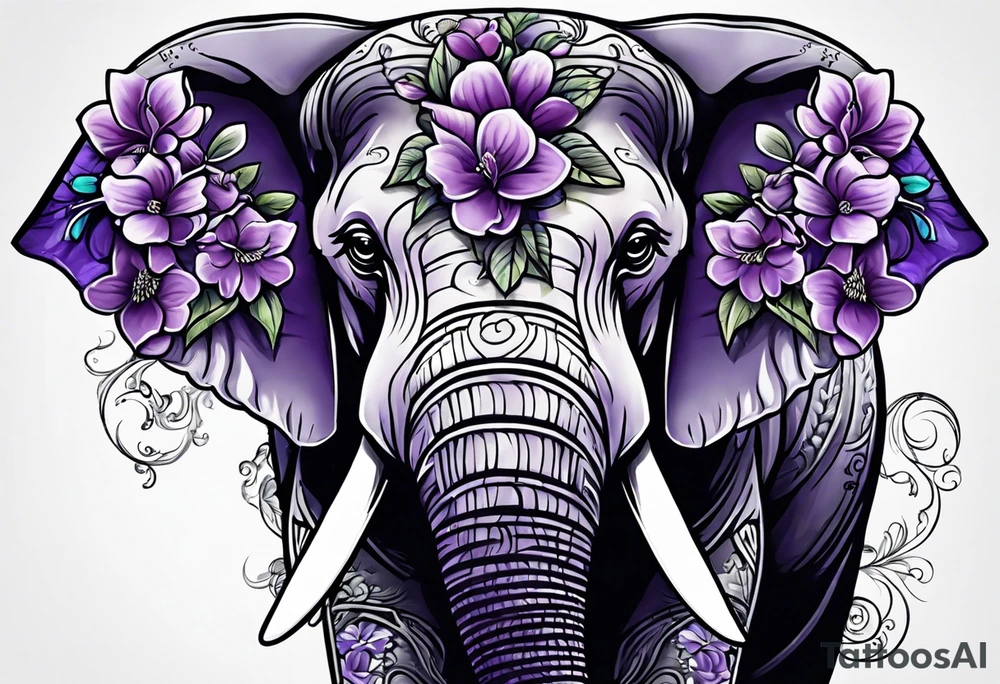 Elephant face covered in lilacs tattoo idea