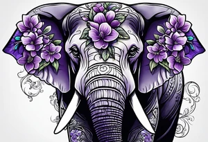 Elephant face covered in lilacs tattoo idea