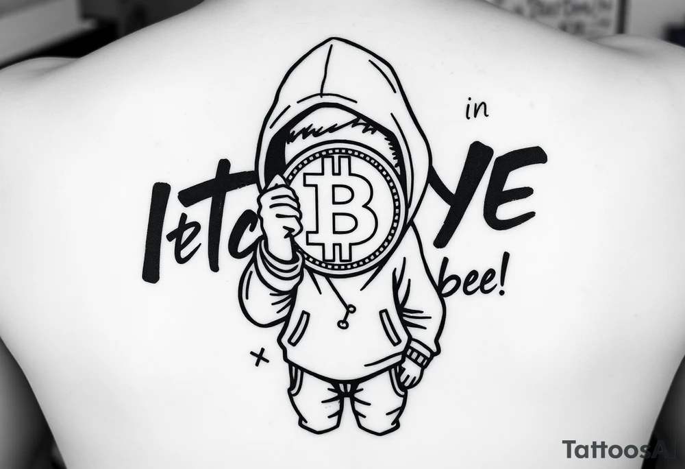 Create a custom tattoo stencil Use a street-art / pop-art vibe with a cartoon figure holding a bitcoin to cover his eyes have bold lines, “x” for eyes. make them have on a hoodie and jogger sweatpants have in the background in graffiti letters “bitcoin is in the eye of the beholder” tattoo idea