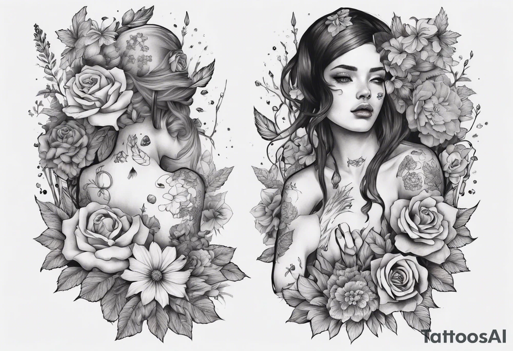 sleeve with many flowers around it and a dark elf girl tattoo idea