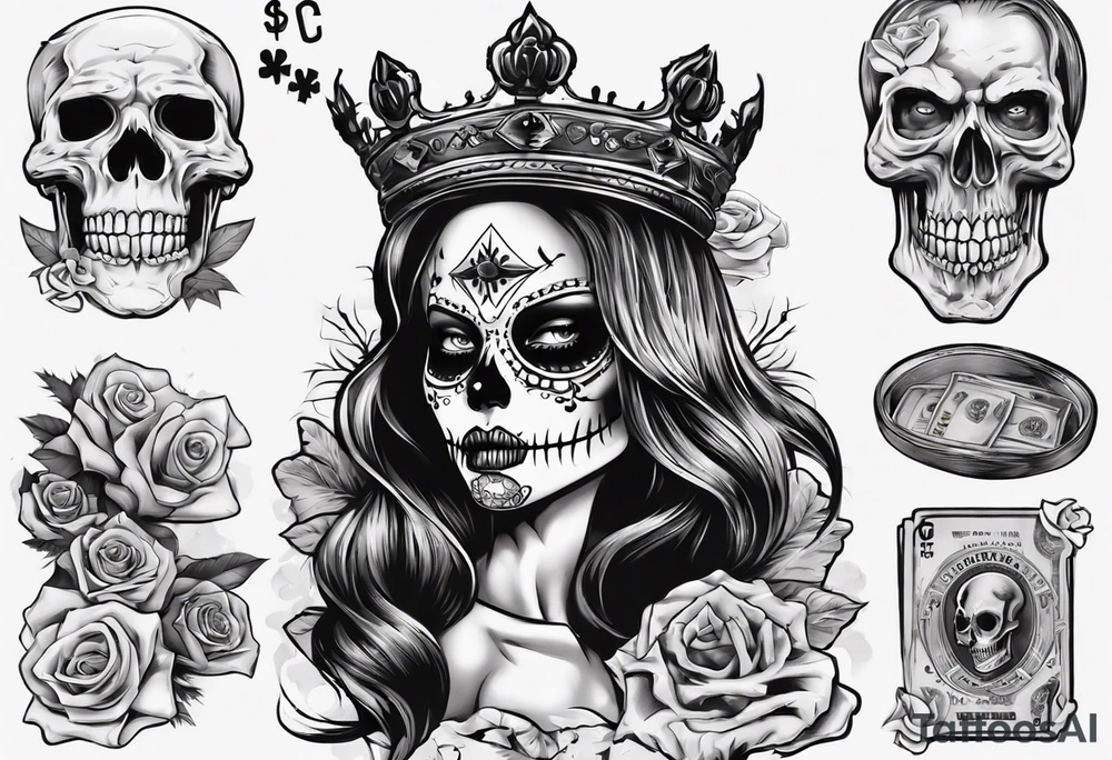 santa la muerta with money and crown
on the card tattoo idea