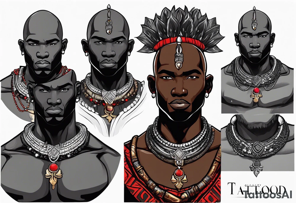 Black-skinned bald african warrior. He is a god of the war. Wears a simple red necklace and a silver crown tattoo idea