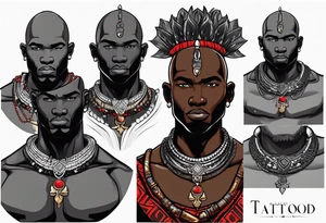 Black-skinned bald african warrior. He is a god of the war. Wears a simple red necklace and a silver crown tattoo idea