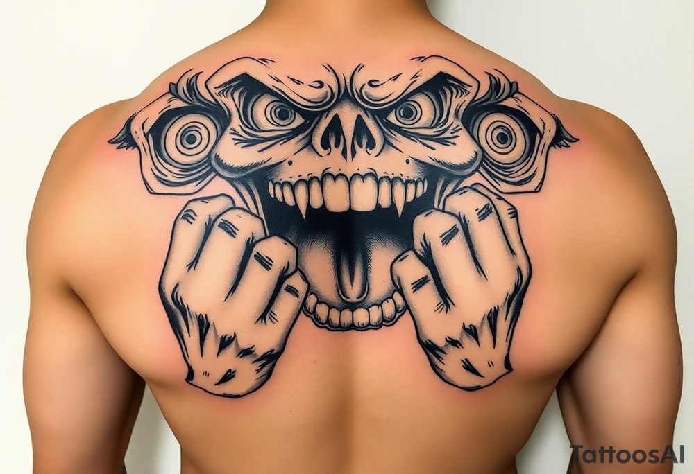 powerful faces with huge eyes and mouth with hands fighting to get out tattoo idea