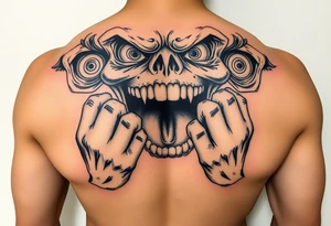 powerful faces with huge eyes and mouth with hands fighting to get out tattoo idea