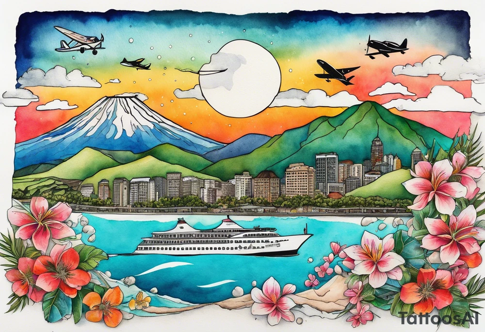 Travel collage with Half moon bay, mountains, Kansas city skyline and 
Arc de Triomphe, Jamaican beach spilled watercolor and tiny jet plane silhouette and a tiny ski boat in the water tattoo idea