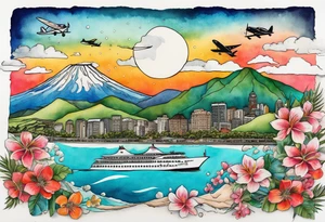 Travel collage with Half moon bay, mountains, Kansas city skyline and 
Arc de Triomphe, Jamaican beach spilled watercolor and tiny jet plane silhouette and a tiny ski boat in the water tattoo idea