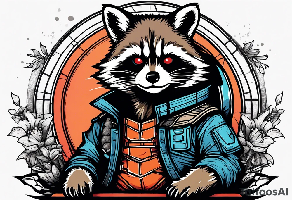 Rocket raccoon sitting with a small black  house cat tattoo idea