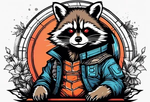 Rocket raccoon sitting with a small black  house cat tattoo idea