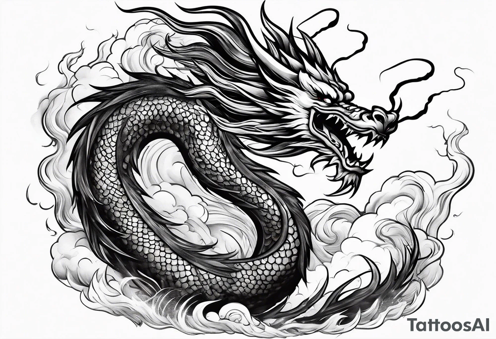 chinese dragon blowing fire while flying through a thunderstorm tattoo idea