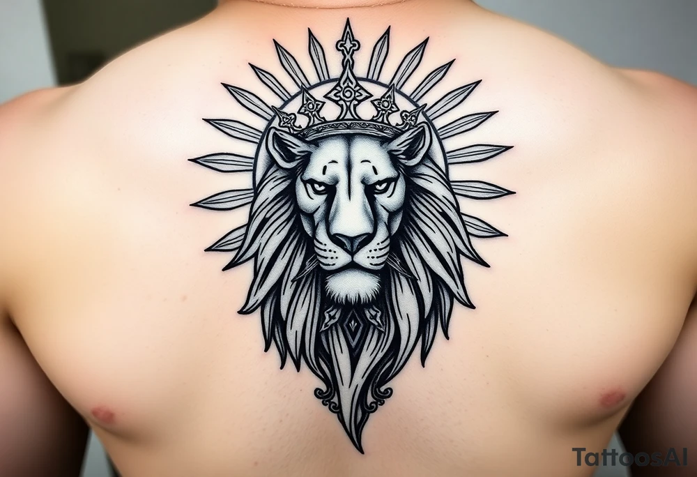 A majestic Persian lion with a radiant sun behind it, inspired by the ancient 'Lion and Sun' emblem of Iran. The lion wears a regal Persian crown, symbolizing power and sovereignty. The design elegantly incorporates the 'Faravahar' symbol, blending its wings and spiritual elements into the composition. The artwork is intricate, with fine ornamental Persian patterns, evoking a historical yet modern tattoo style. The atmosphere is grand, with a bold blackwork and neo-traditional tattoo aesthetic." tattoo idea