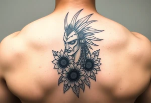 Native american gorgon with sunflowers tattoo idea