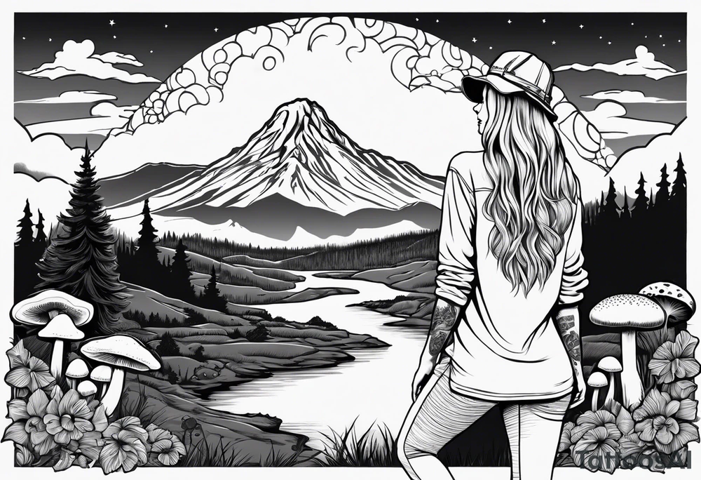 Whole picture encircled fully

Straight long blonde hair hippie girl in distance holding mushrooms in hand facing away toward mountains and creek surrounded by mushrooms long sleeve shirt and hiking pants; whole rendering within a full circle, no cut off circle tattoo idea