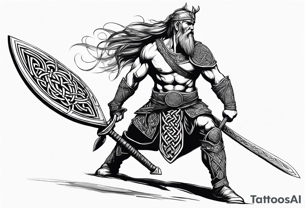 Side full body shot of Celtic warrior with sword and axe. tattoo idea Side full body shot of Celtic warrior with sword and axe. tattoo idea