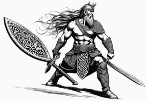 Side full body shot of Celtic warrior with sword and axe. tattoo idea