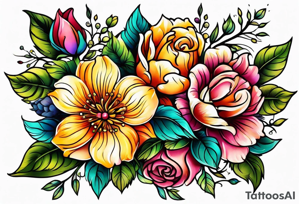 vintage colorful floral print tattoo idea