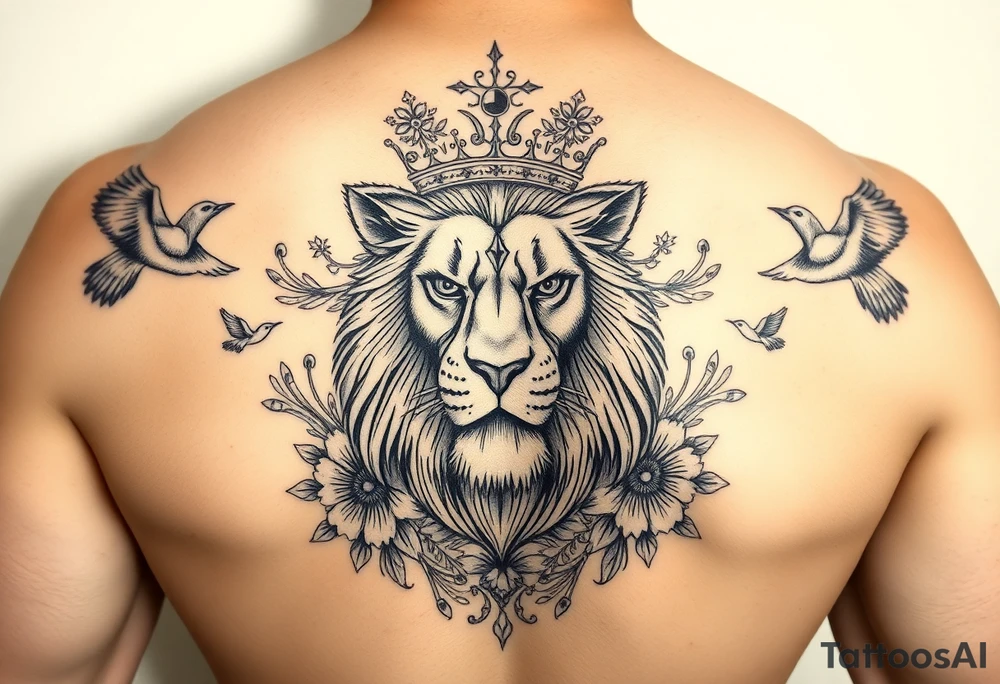 powerful majestic lion with a crown, surrounded by floral ornaments and birds tattoo idea