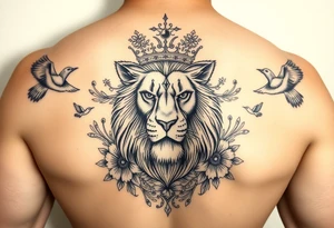 powerful majestic lion with a crown, surrounded by floral ornaments and birds tattoo idea
