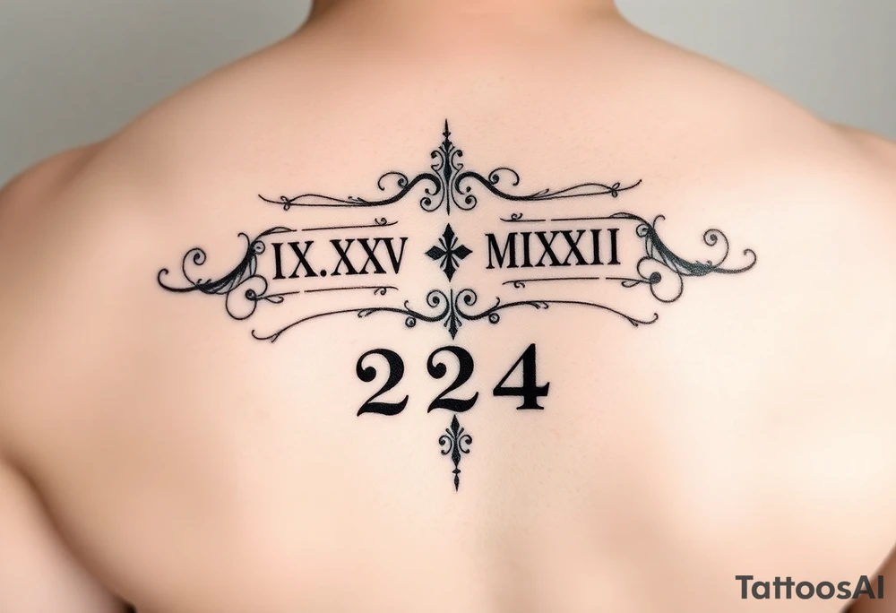 Create tattoo design with equal representation of both Roman numeral dates (IX.IX.MM and II.XXV.MMIII) in a balanced and symmetrical layout, along with the number 224. Let me know if you’d like any modifications! Inside the arm tattoo idea