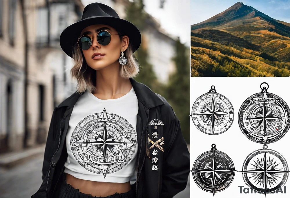 Let the coordinates 35.331° N, 33.429° E be written, next to it should be a mountain, sun, sea and tree icon, the letters of the coordinate should be capitalized and the numbers next to it should be written from top to bottom. tattoo idea