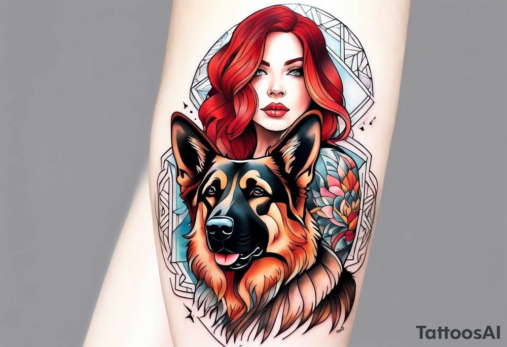 red hair woman with German shepherd dog tattoo idea