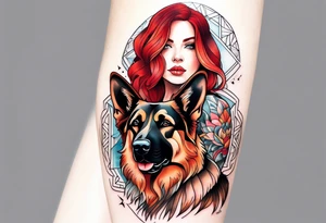 red hair woman with German shepherd dog tattoo idea