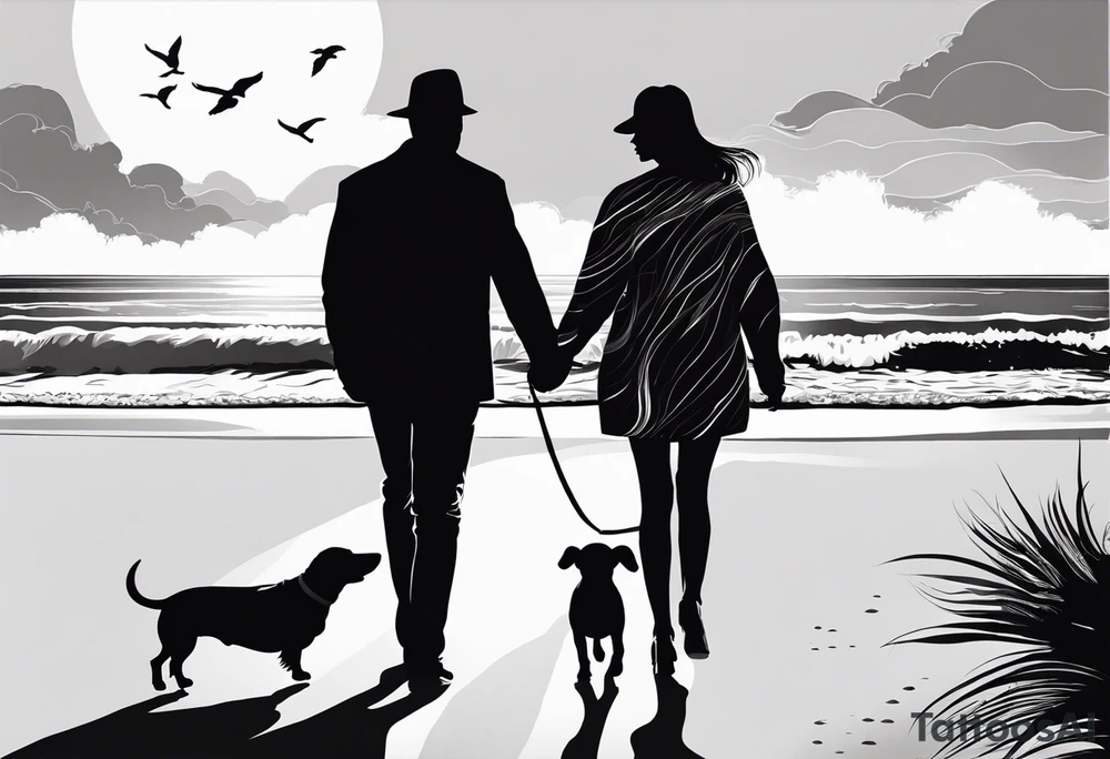 Two men and a woman, a small wire-haired dachshund are walking along the seashore. An invisible guy is next to them tattoo idea