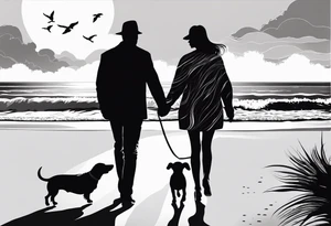 Two men and a woman, a small wire-haired dachshund are walking along the seashore. An invisible guy is next to them tattoo idea