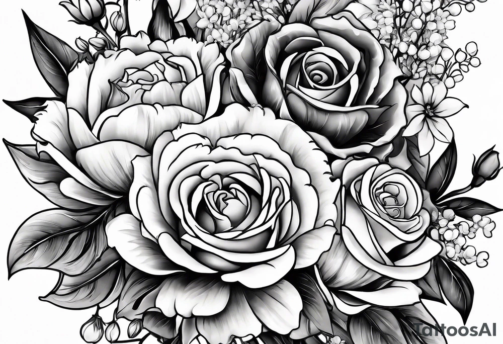 Asters, roses, lily of the valley, and chrysanthemums in a long line tattoo idea
