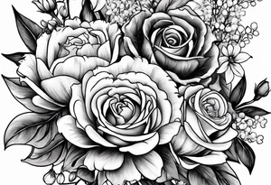 Asters, roses, lily of the valley, and chrysanthemums in a long line tattoo idea