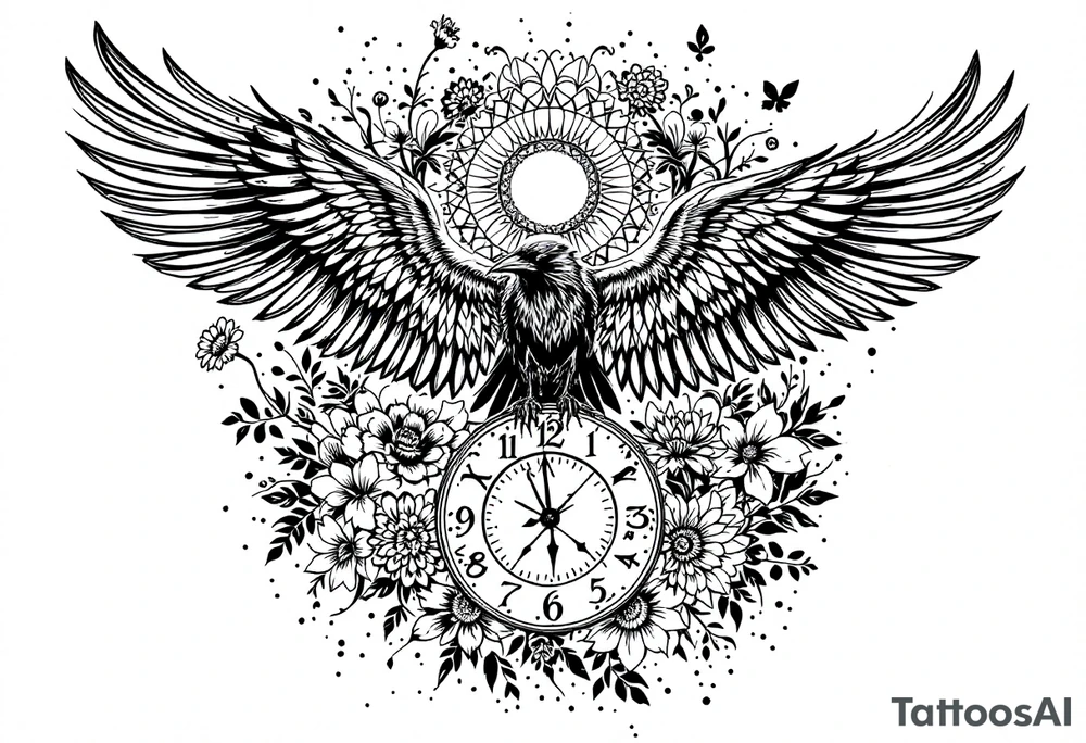 mandala winged black raven surrounded by flowers standing on a clock face tattoo idea