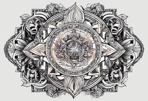 A tattoo design representing the interconnectedness of art, history, and cosmology, with elements of each intertwined in a visually striking way, tattoo idea