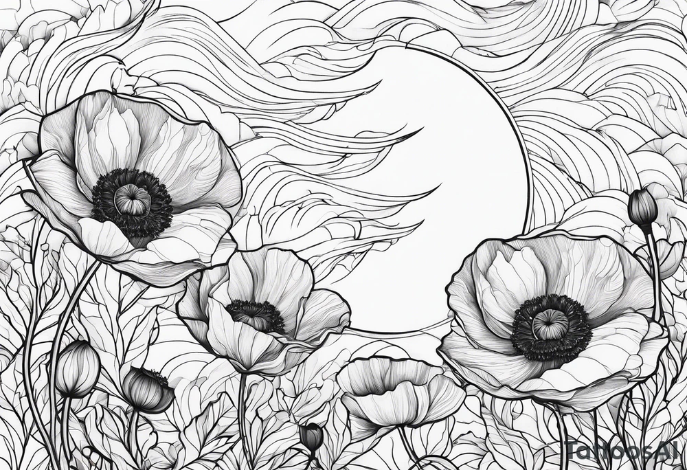 outline, fine line, stars, moon, poppy tattoo idea