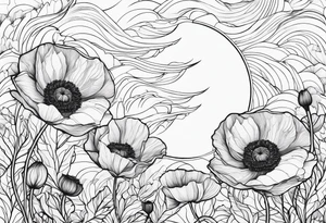 outline, fine line, stars, moon, poppy tattoo idea