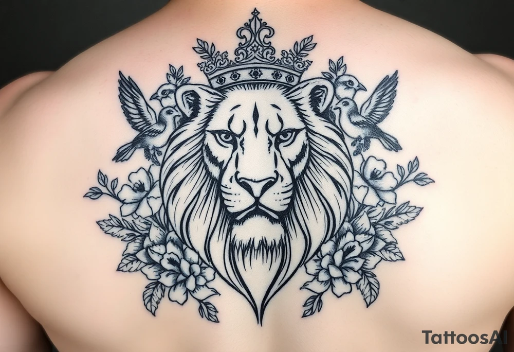 powerful majestic lion with a crown, surrounded by floral ornaments and birds tattoo idea