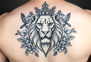 powerful majestic lion with a crown, surrounded by floral ornaments and birds tattoo idea