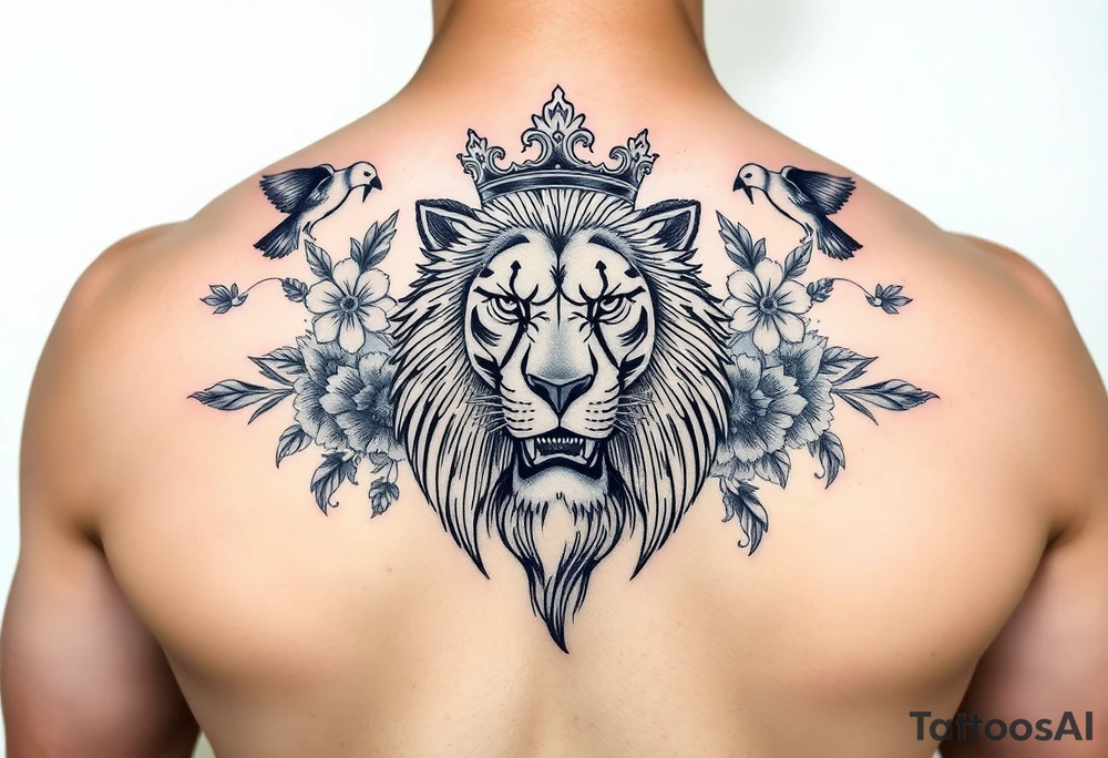 powerful majestic lion with a crown, surrounded by floral ornaments and birds tattoo idea