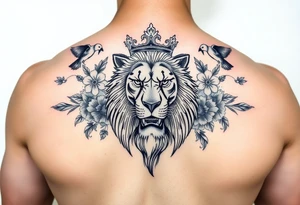 powerful majestic lion with a crown, surrounded by floral ornaments and birds tattoo idea