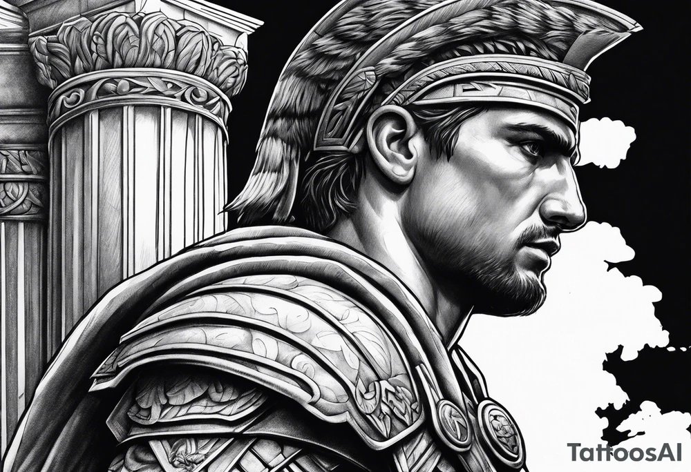 Roman solider looknig at pillars in background tattoo idea