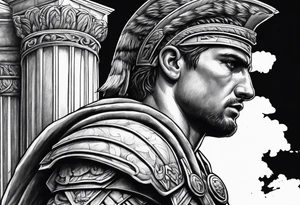 Roman solider looknig at pillars in background tattoo idea