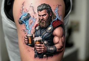 Fat Thor from Endgame holding a beer and Stormbreaker, with sparks of lightning around him in a humorous yet detailed tattoo design. tattoo idea