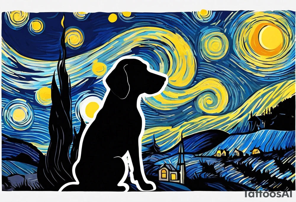 A silhouette of a beagle,and a human male looking up at Van Gogh's Starry Night. The tattoo must be twice as tall as it's width. tattoo idea
