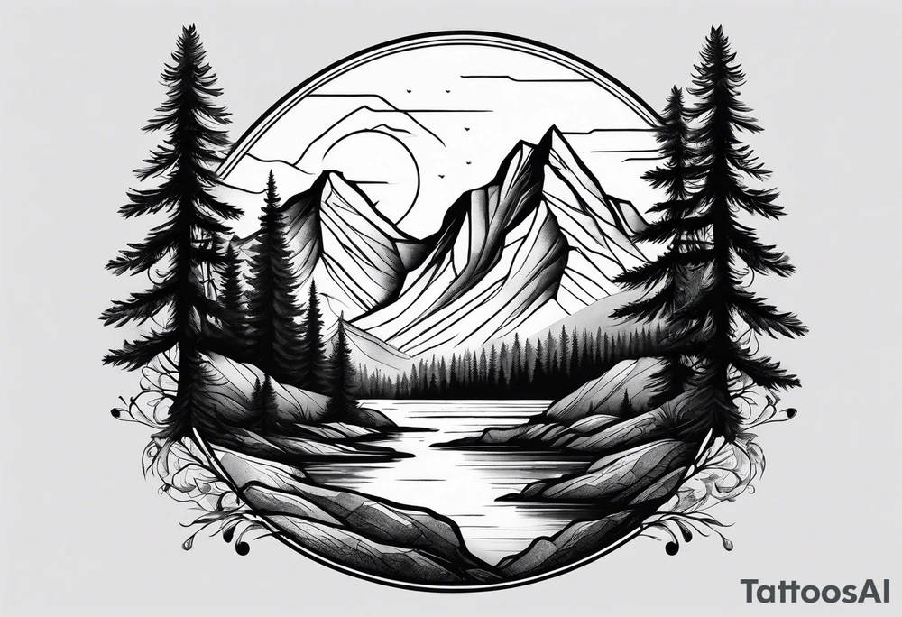 Mountains valley trees tattoo idea