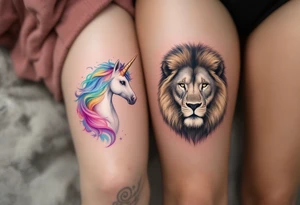 A unicorn for her in soft pastels and a majestic lion for him in grayscale ink on the upper thighs represent fantasy and strength united. tattoo idea