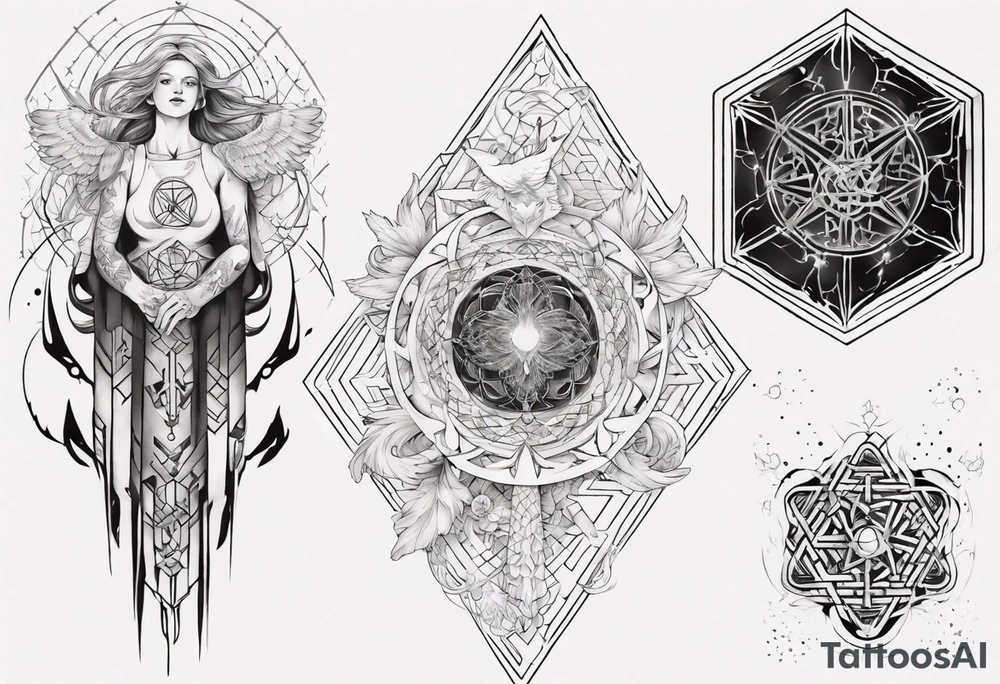 Sleeve for woman's arm sacred geometry Metatron's cube with phoenix tattoo idea