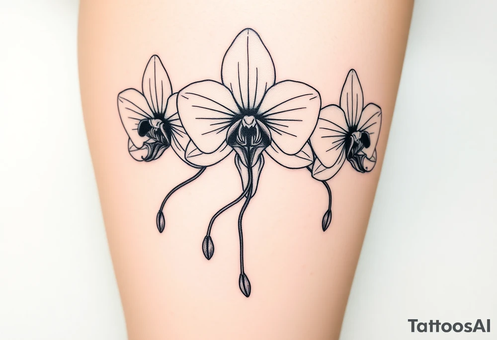 Draw of three fine line orchids different size realistic, the central part resembles a vagina. Are connected with branches tattoo idea