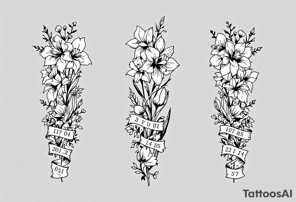 narcissus flowers, daffodils and holly. at the base and top of the sleeve are banners with roman numerals across for 2 different dates tattoo idea