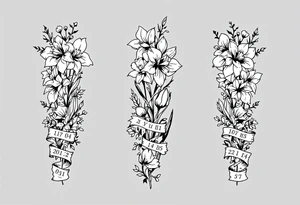 narcissus flowers, daffodils and holly. at the base and top of the sleeve are banners with roman numerals across for 2 different dates tattoo idea