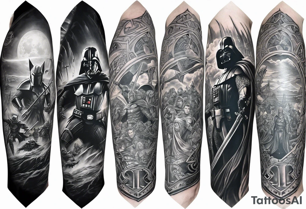 Full arm sleeve tattoo extending from shoulder to wrist featuring characters from Star Wars and the Justice League battling at Helms Deep from Lord of the Rings tattoo idea